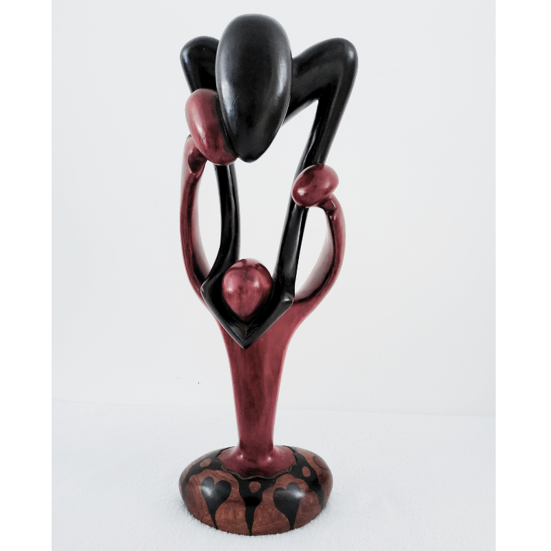 Sculpture en Bois « Family 50 » – Étreinte Parent-Enfant Bois Rouge & Noir 50 cm