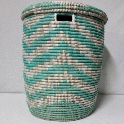 NDEUTE blanc_turquoise Panier « Ndeute » – Grand Panier Cylindrique Ø 45 cm • H 51 cm