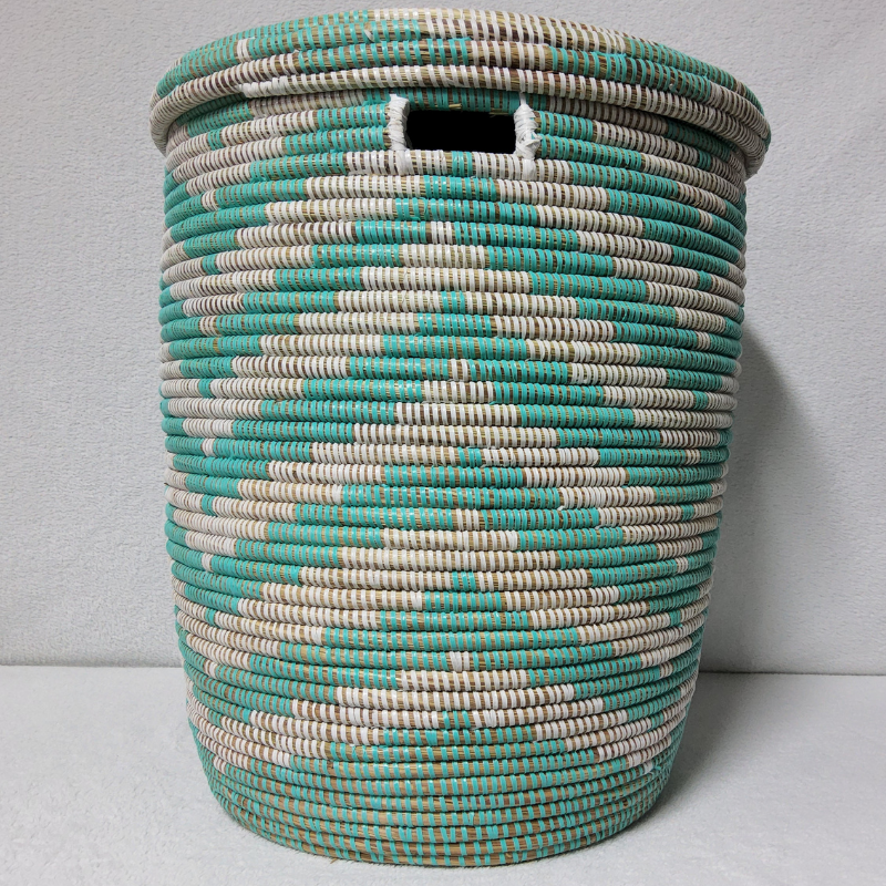 NDEUTE blanc_turquoise Panier « Ndeute » – Grand Panier Cylindrique Ø 45 cm • H 51 cm