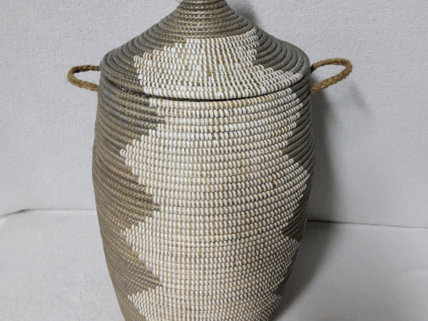 SORORE L gris_blanc Panier à Linge & Rangement « Sorore » – Taille L Ø 33 cm | H 67 cm (couvercle inclus)