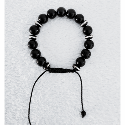 Bracelet noir et motif argenté Bracelet de Perles Naturelles Polies