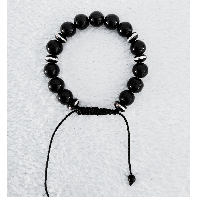 Bracelet noir et motif argenté Bracelet de Perles Naturelles Polies