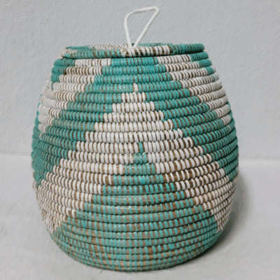 TAKH blanc_turquoise Panier « Takh » – Petit Panier Tissé avec Couvercle Ø 19 cm • H 27 cm