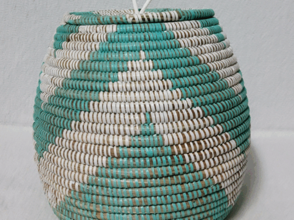 TAKH blanc_turquoise Panier « Takh » – Petit Panier Tissé avec Couvercle Ø 19 cm • H 27 cm