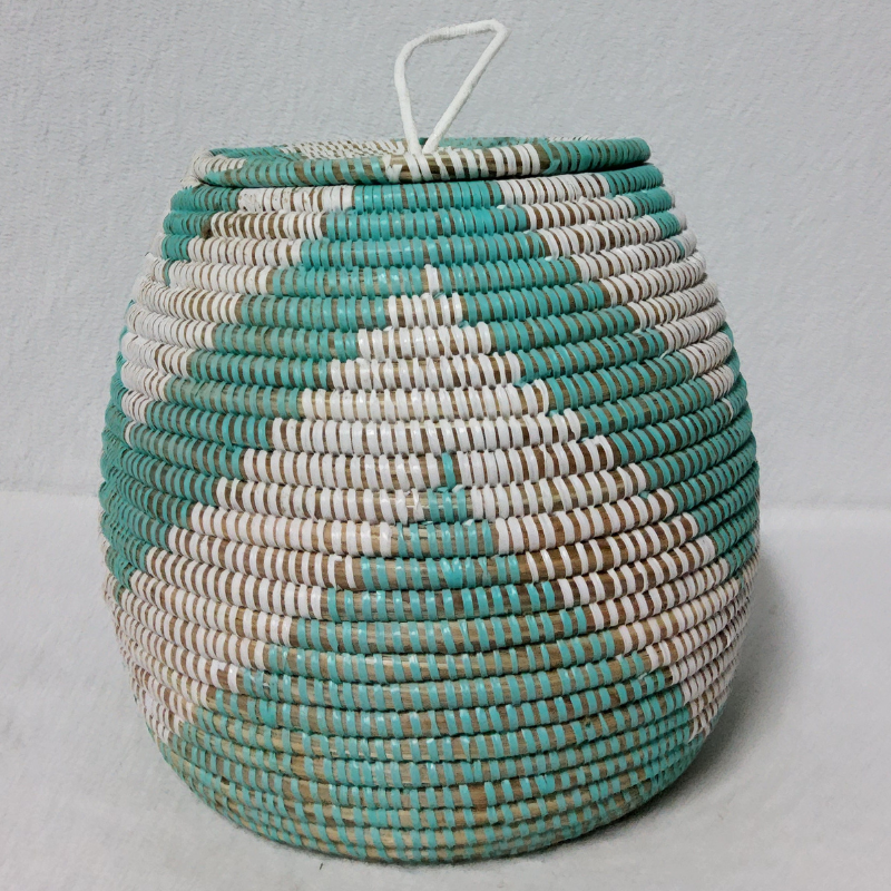 TAKH blanc_turquoise Panier « Takh » – Petit Panier Tissé avec Couvercle Ø 19 cm • H 27 cm