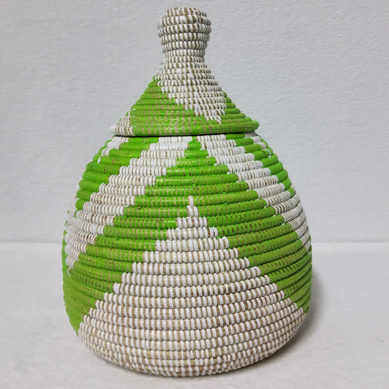 TAKH blanc_vert Panier « Takh » – Petit Panier Tissé avec Couvercle Ø 19 cm • H 27 cm